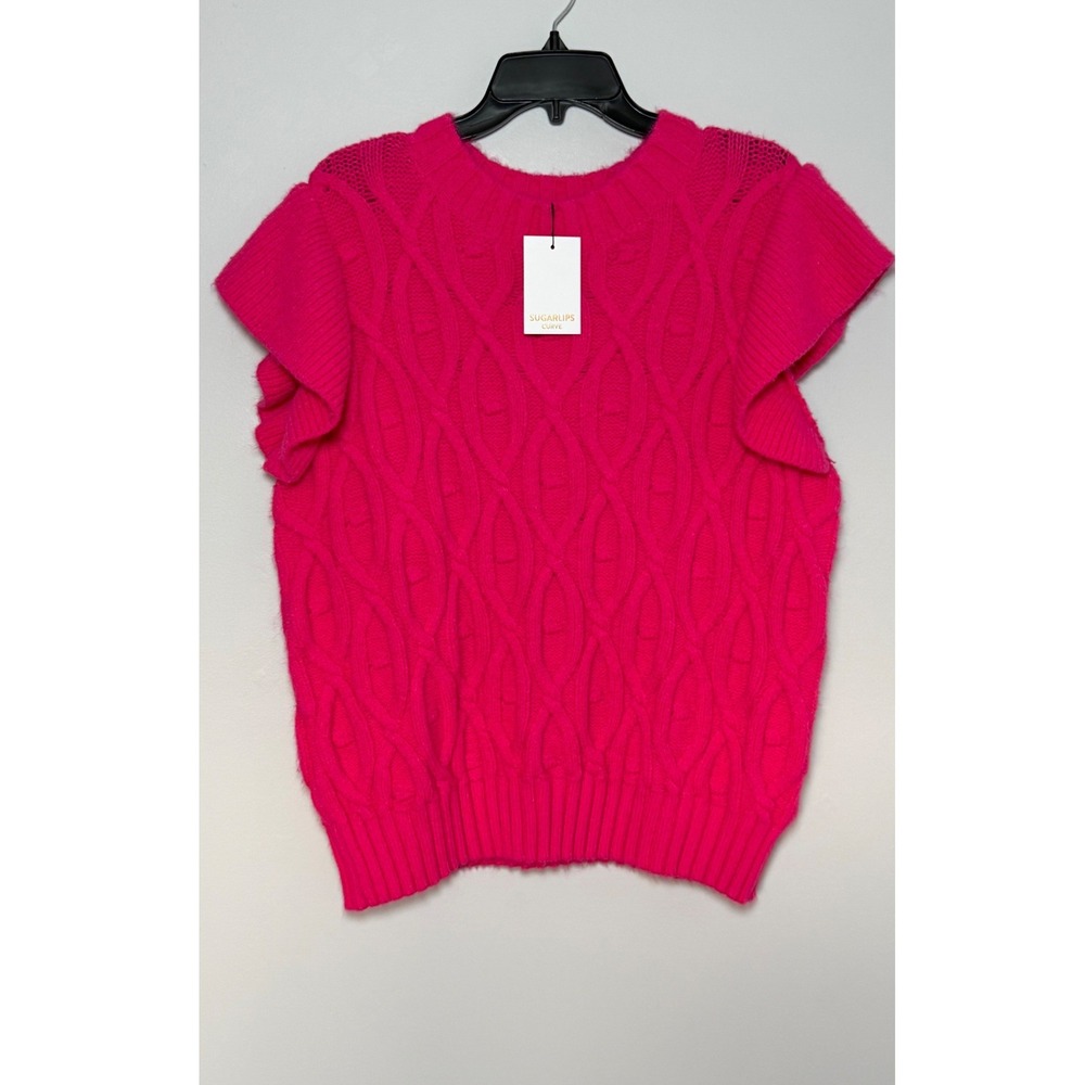 Sugarlips Curve Fuchsia Pink Cable Knit Ruffle Sleeve Sweater Vest 2X STT16446X